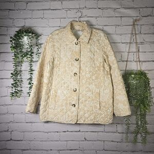 Chico's Quilted Jacket Tan And Cream Floral And Filigre Design Size 3(large)EUC